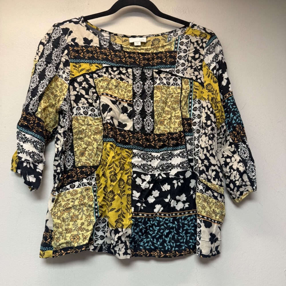J. Jill Patchwork Floral Blouse Women Medium Petite Multi Excellent Boho Rayon